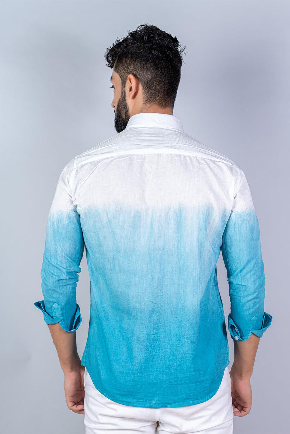 Sky Blue & White Comfort Fit Tie & Dye Full Sleeves Cotton Shirt - Tistabene