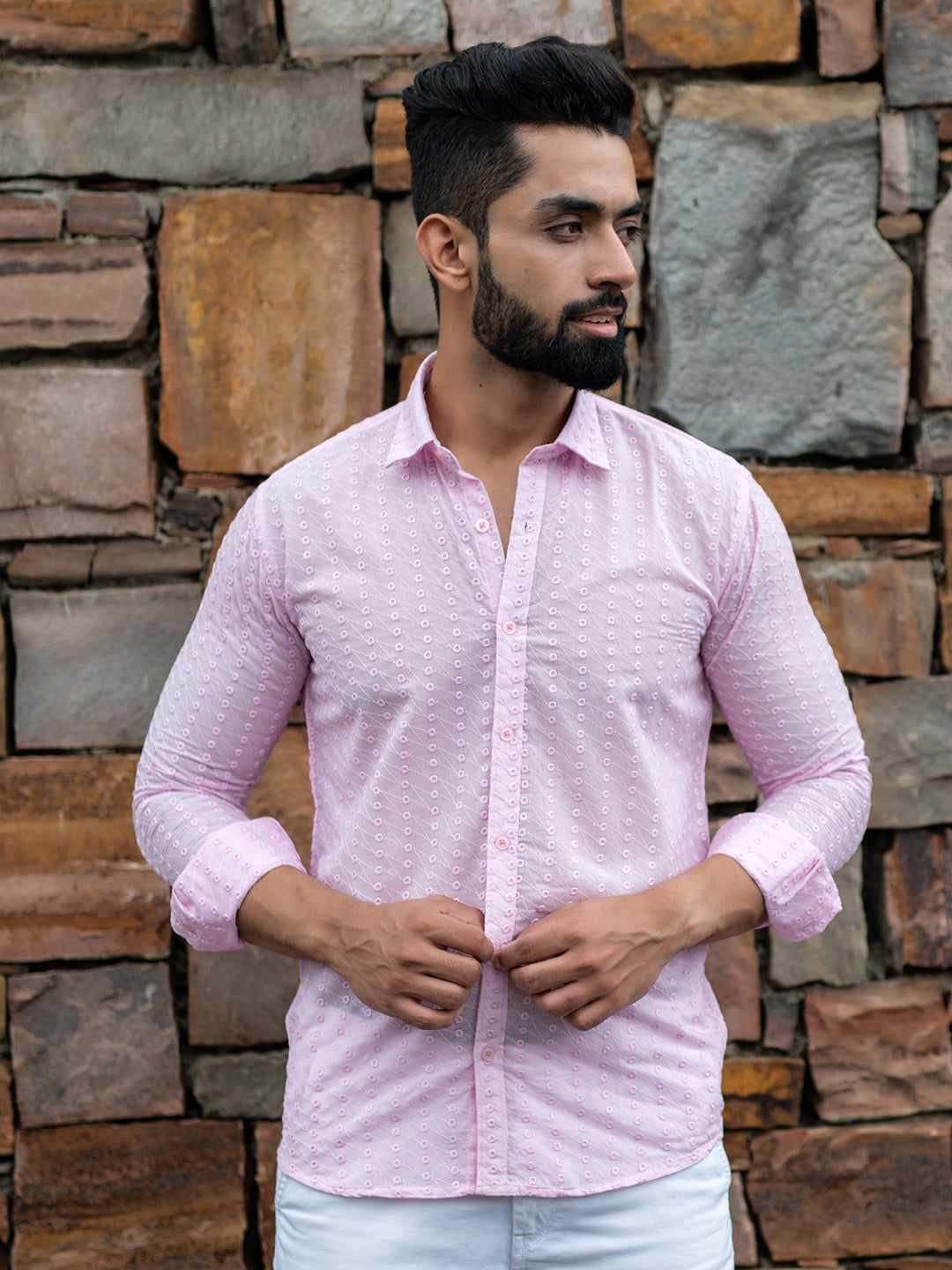 Baby Pink Embroidered Full Sleeves Cotton Shirt