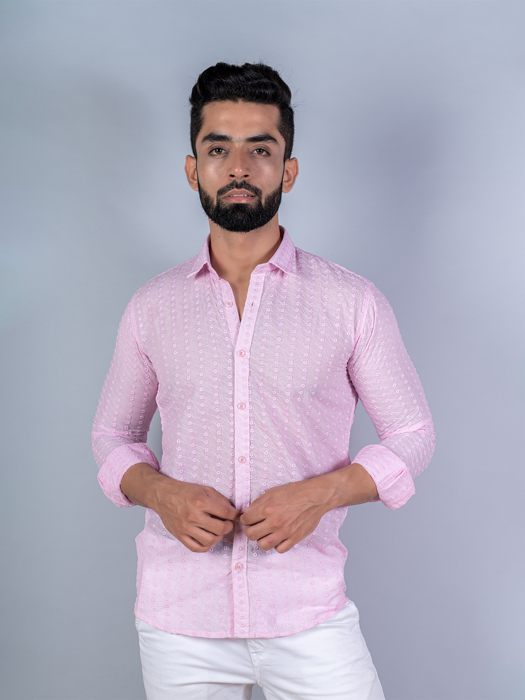 Baby Pink Embroidered Full Sleeves Cotton Shirt