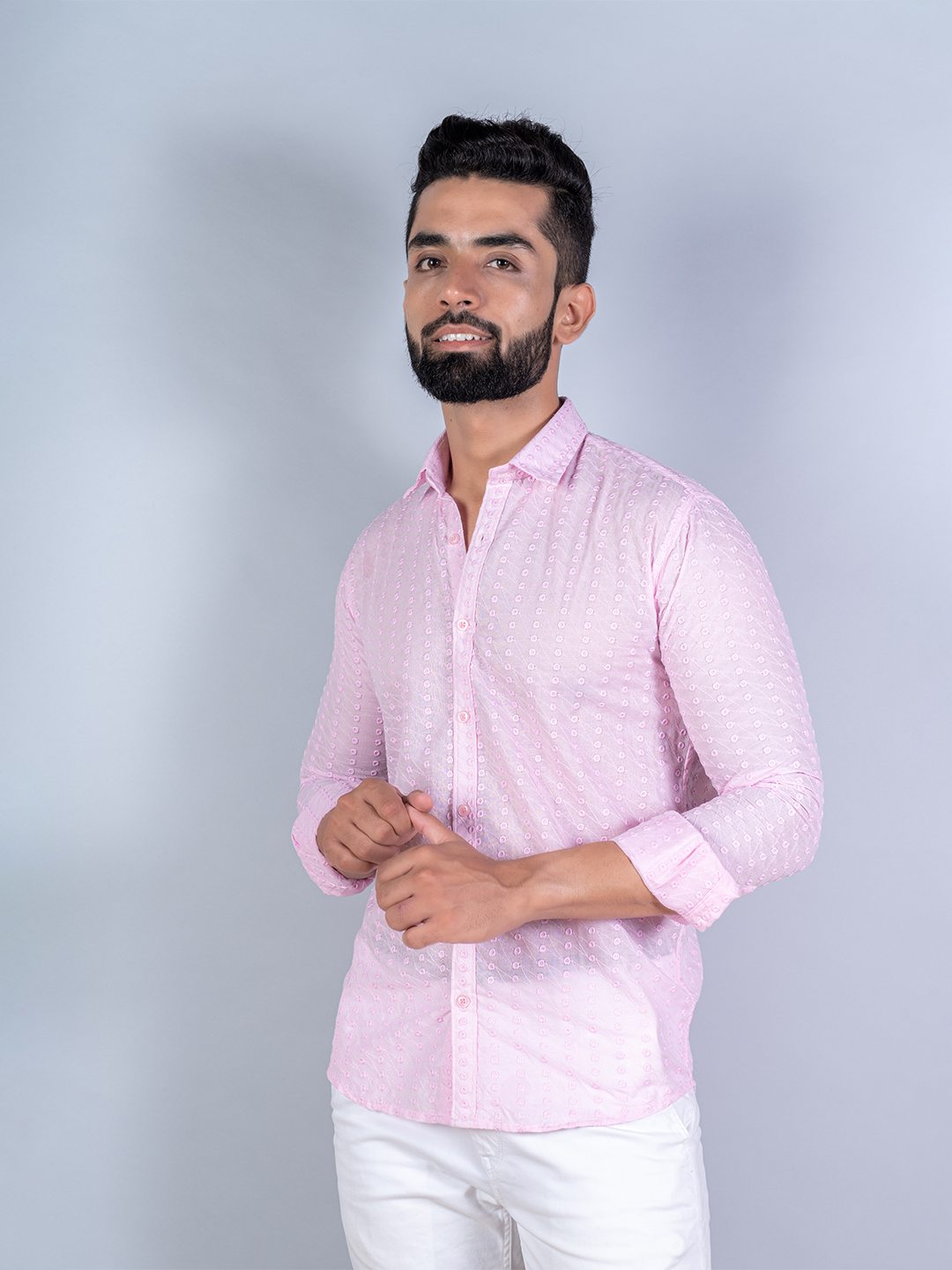 Baby Pink Embroidered Full Sleeves Cotton Shirt