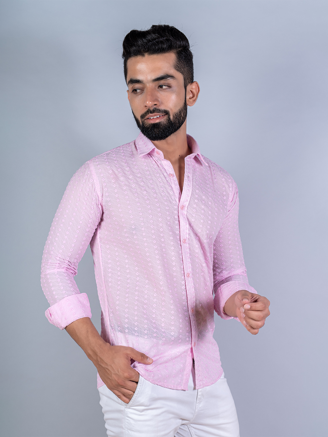 Baby Pink Embroidered Full Sleeves Cotton Shirt