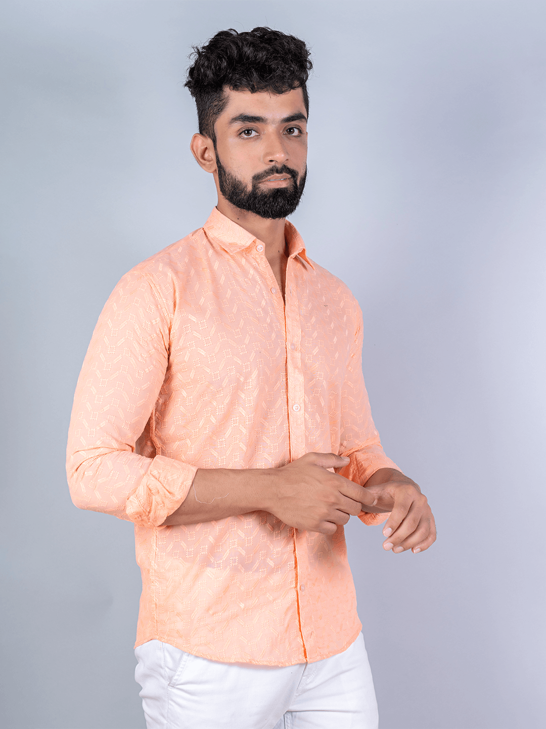 Peach Embroidered Full Sleeves Cotton Shirt - Tistabene