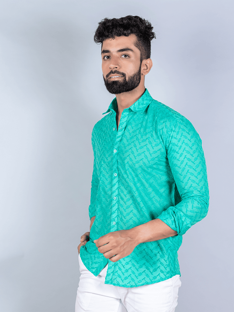 Green Embroidered Full Sleeves Cotton Shirt - Tistabene