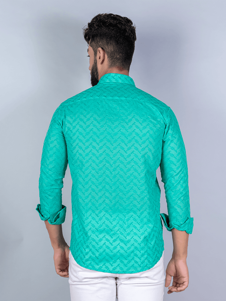 Green Embroidered Full Sleeves Cotton Shirt - Tistabene