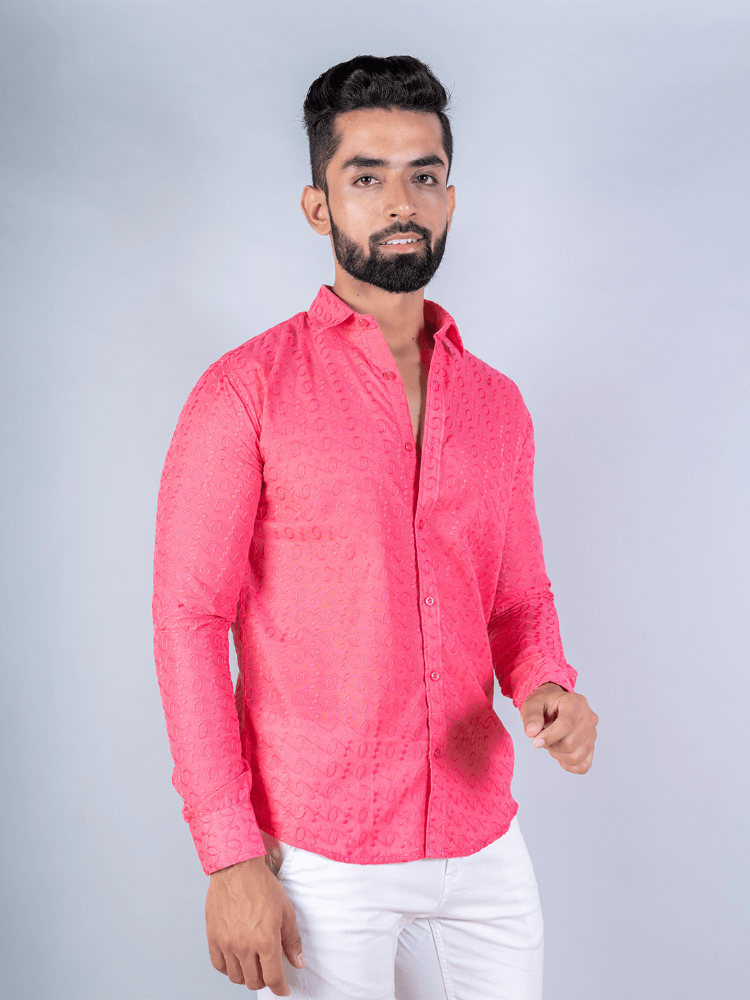 Pink Embroidered Full Sleeves Cotton Shirt - Tistabene