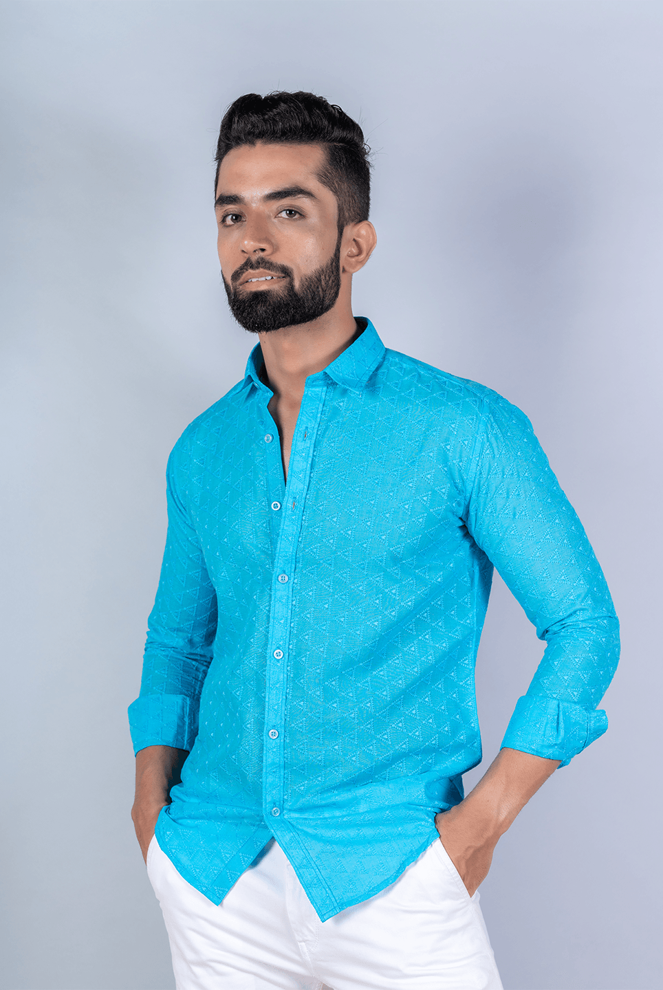 Sky Blue Embroidered Full Sleeves Cotton Shirt - Tistabene
