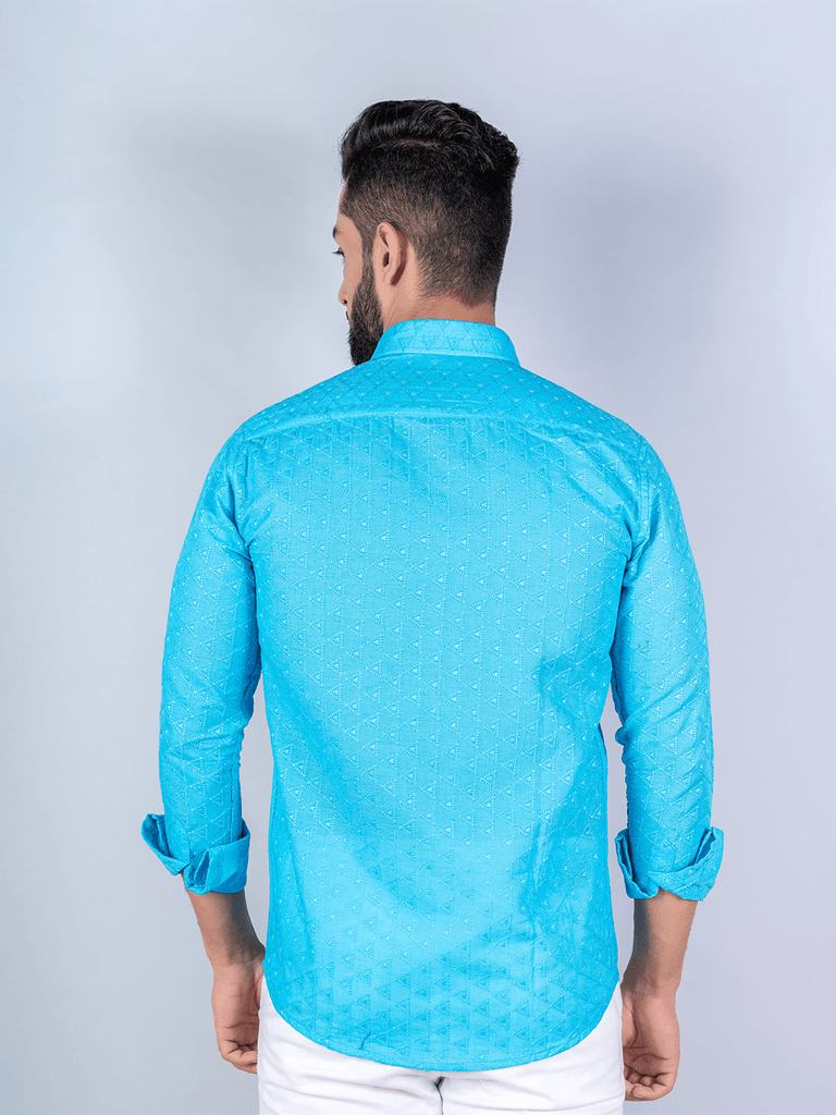 Sky Blue Embroidered Full Sleeves Cotton Shirt - Tistabene
