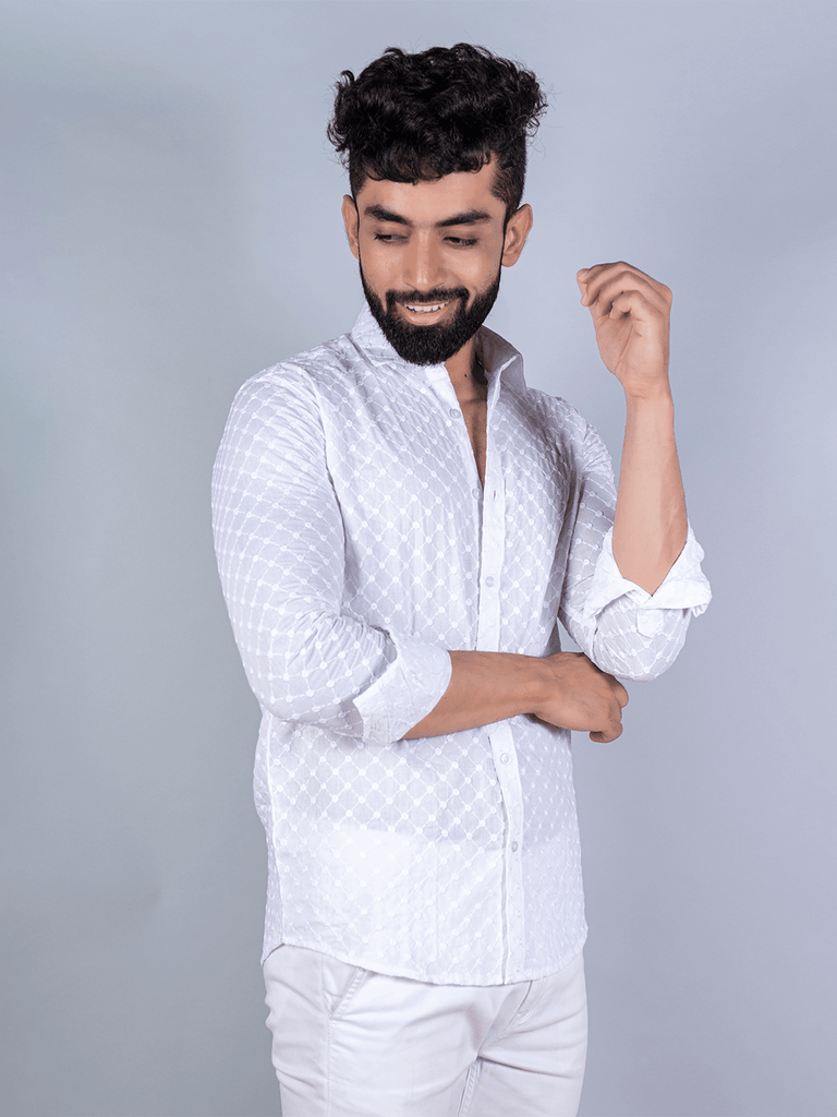 White Embroidered Full Sleeves Cotton Shirt - Tistabene