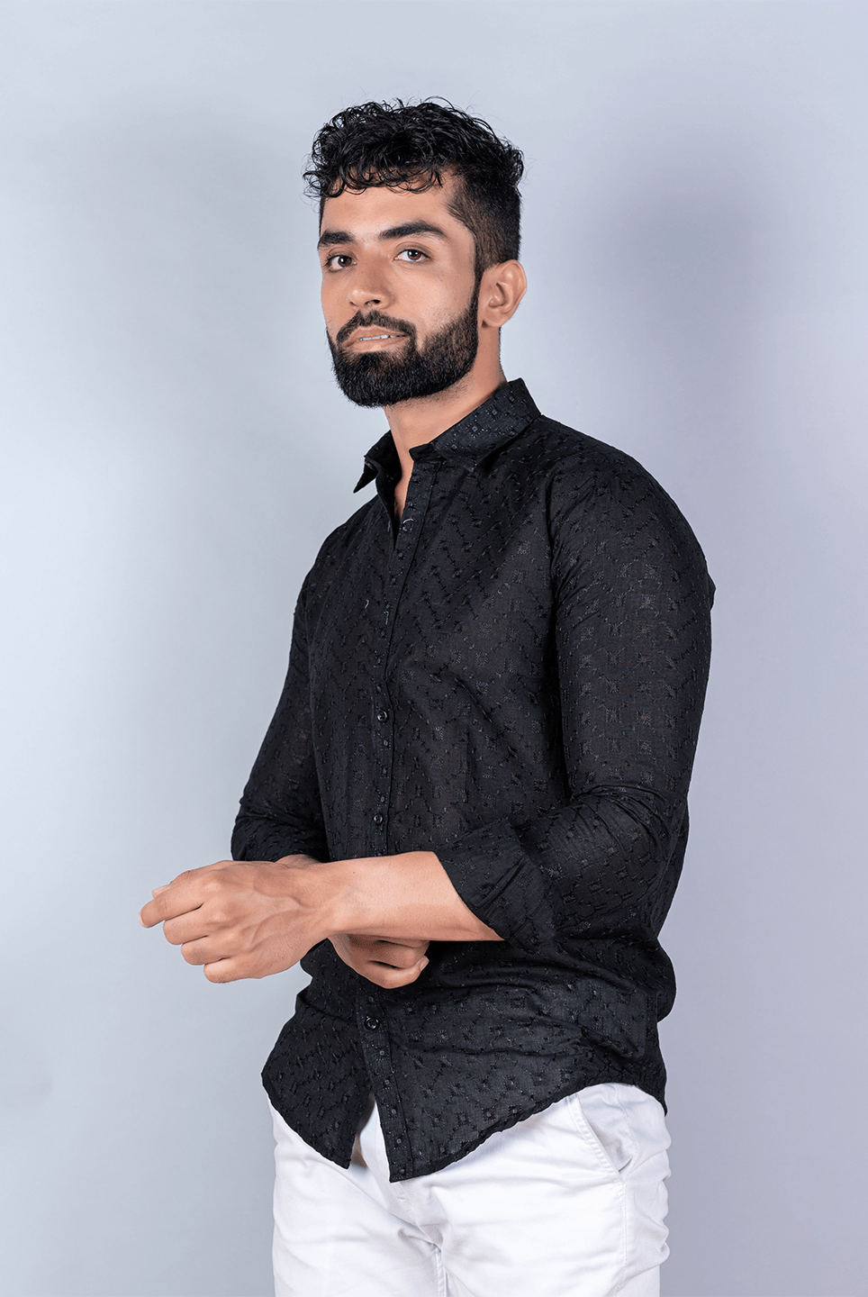 Black Embroidered Full Sleeves Cotton Shirt - Tistabene