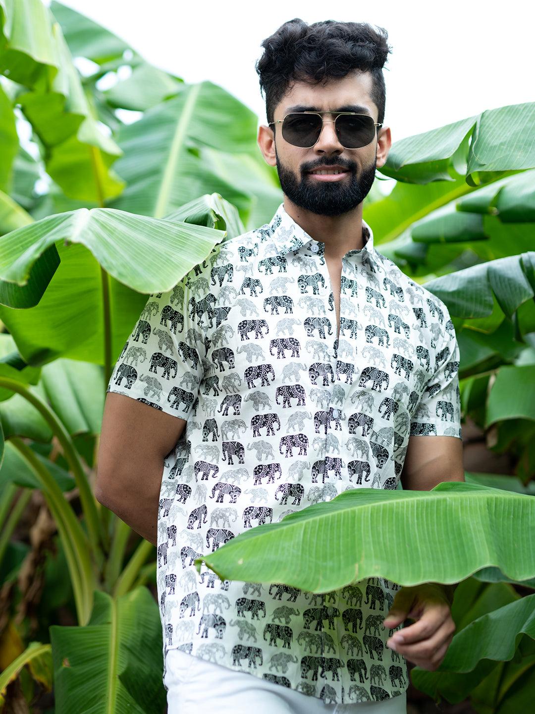 Handblock Printed Elephant Motif Cotton Shirt for Men – Beige main image 1