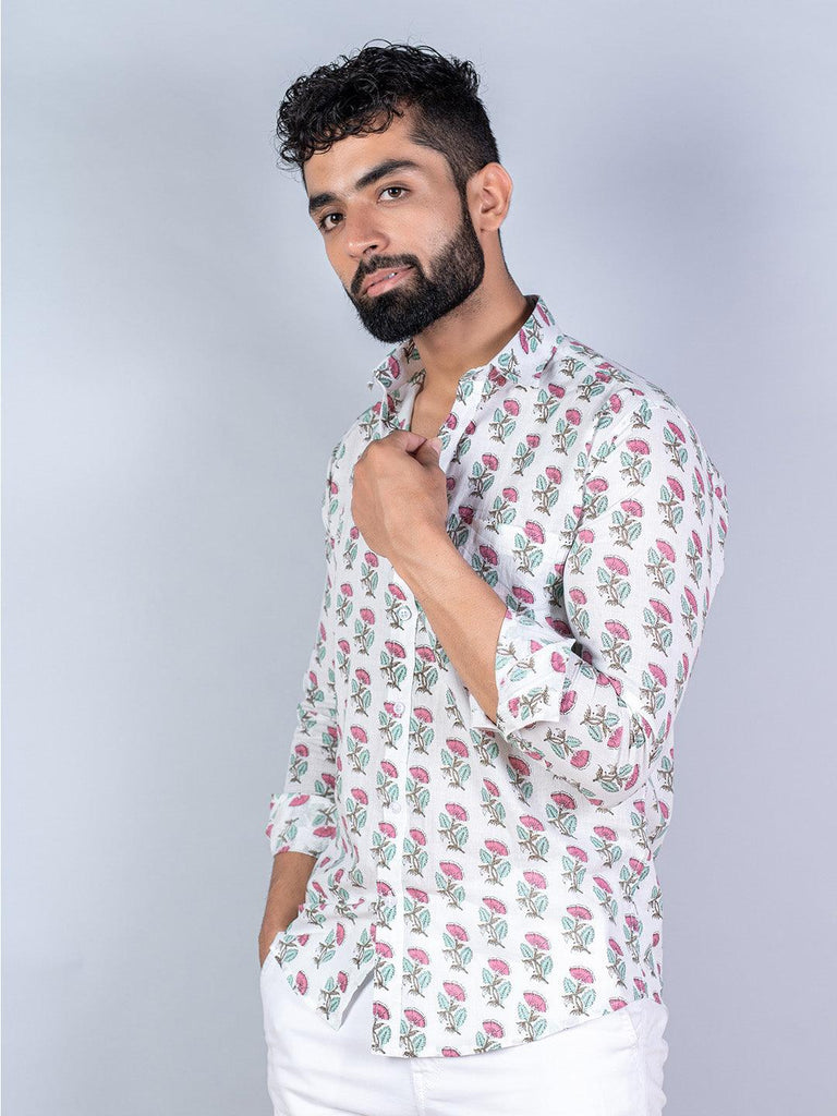 White Hand Block Floral Printed Full Sleeves Cotton Shirt - Tistabene