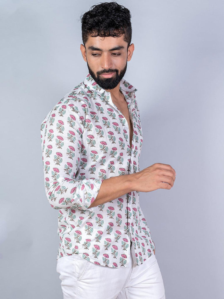White Hand Block Floral Printed Full Sleeves Cotton Shirt - Tistabene