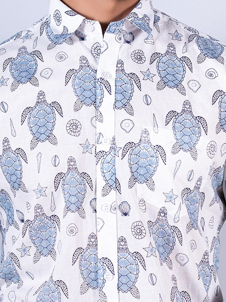 White Turtle Printed Full Sleeves Cotton Shirt - Tistabene