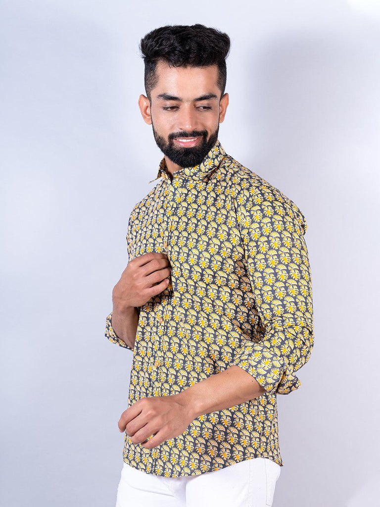 Blue Floral Block Printed Full Sleeves Cotton Shirt - Tistabene