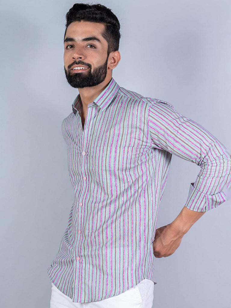 Multicolor Striped Printed Full Sleeves Cotton Shirt - Tistabene