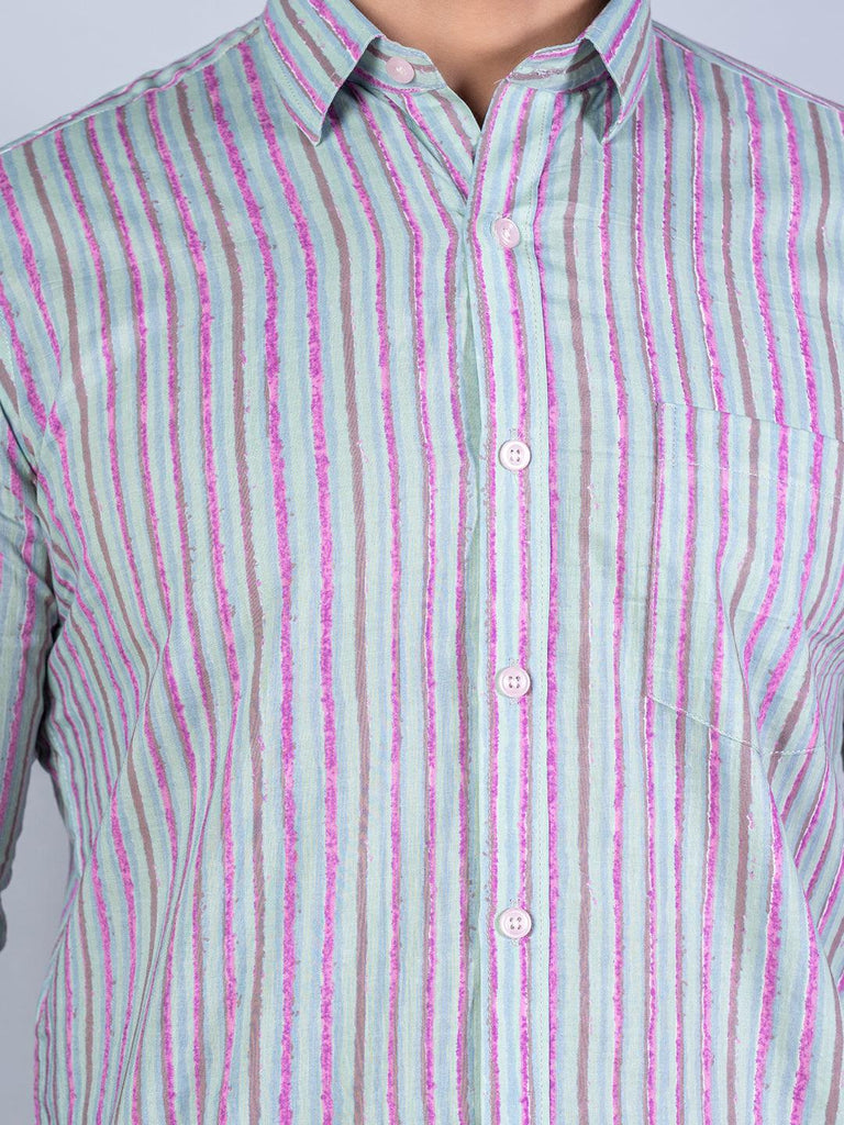 Multicolor Striped Printed Full Sleeves Cotton Shirt - Tistabene