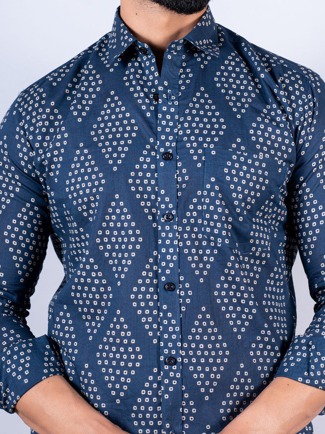 Navy Blue Bandhej Printed Full Sleeves Cotton Shirt - Tistabene