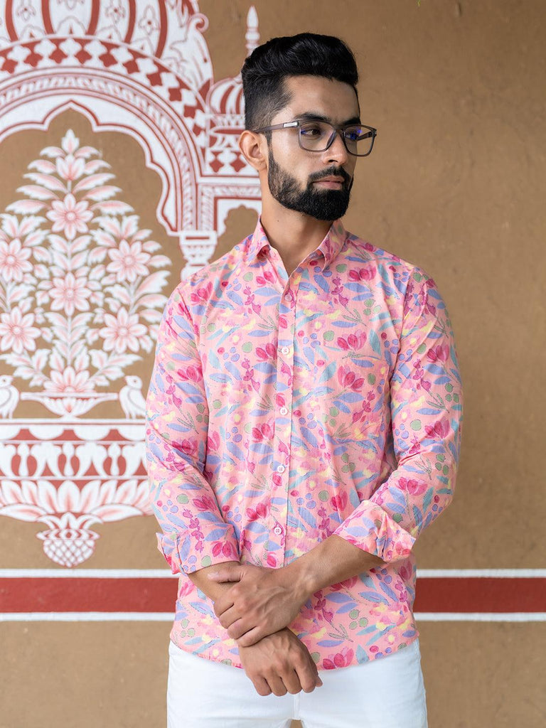 Pink Floral Printed Full Sleeves Cotton Shirt - Tistabene