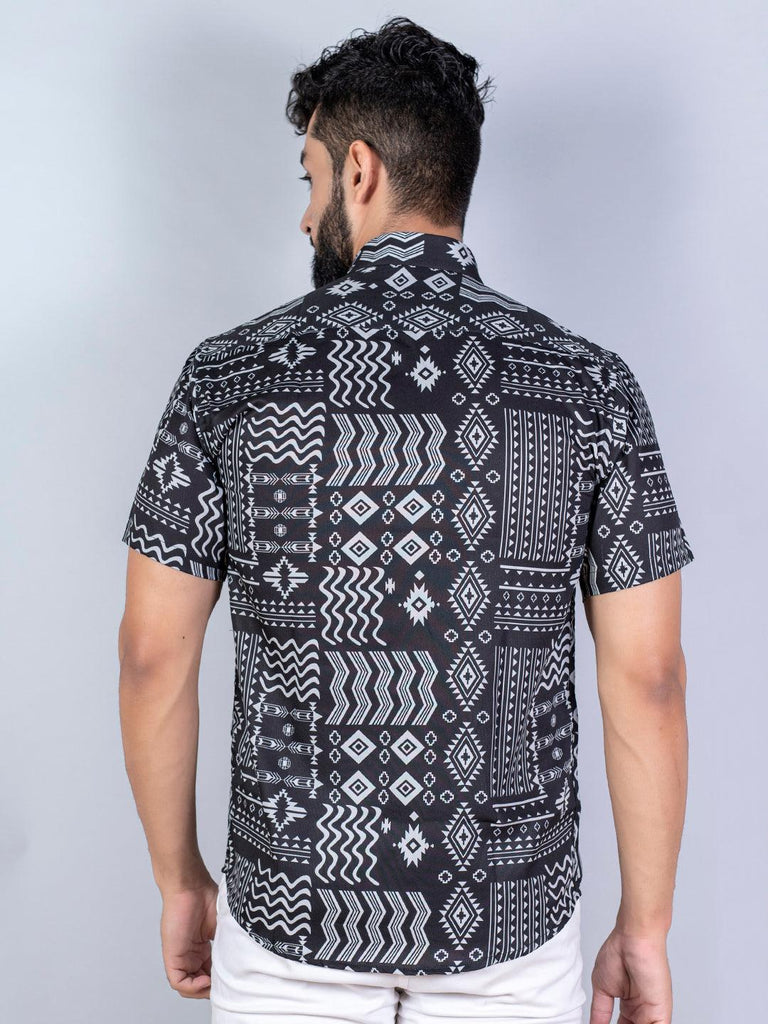 Black Geometric Printed Half Sleeves Crepe Shirt - Tistabene