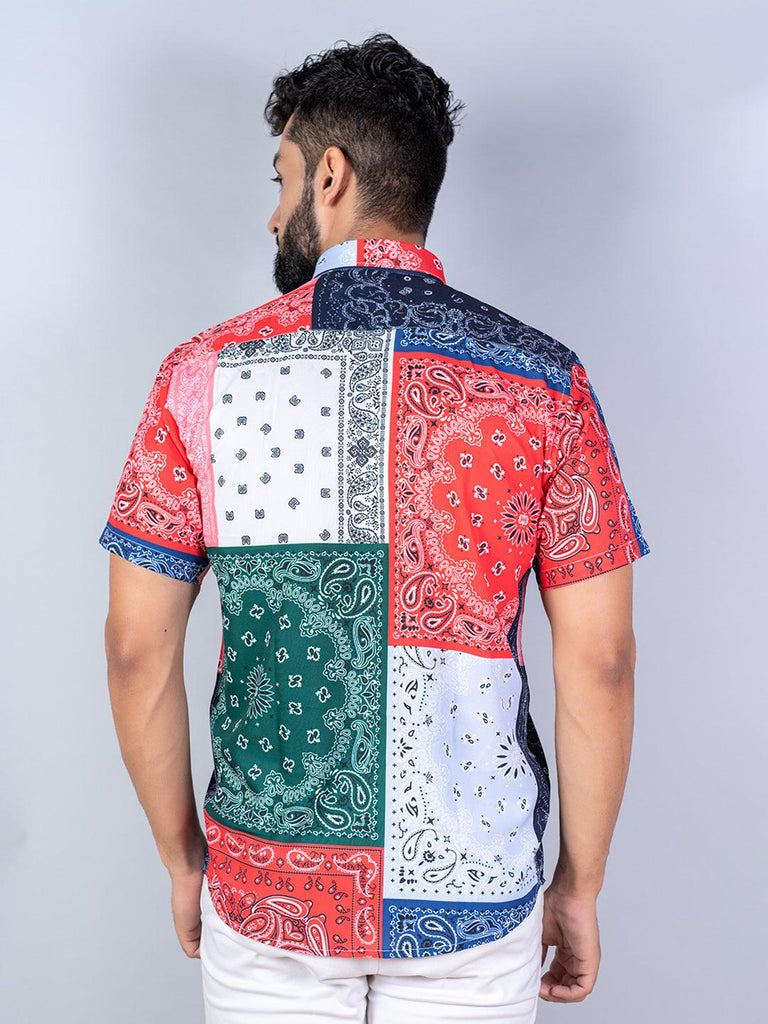 Multicolor Bandana Patchwork Printed Half Sleeves Crepe Shirt - Tistabene