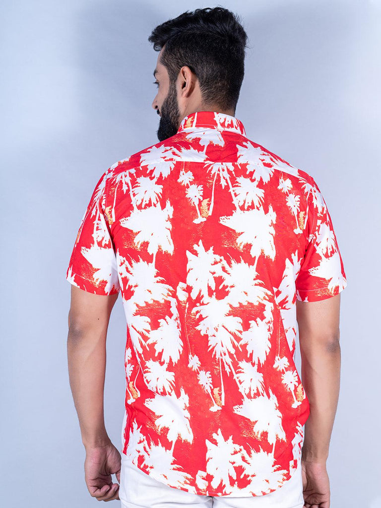 Red Coconut Tree Printed Half Sleeves Crepe Shirt - Tistabene