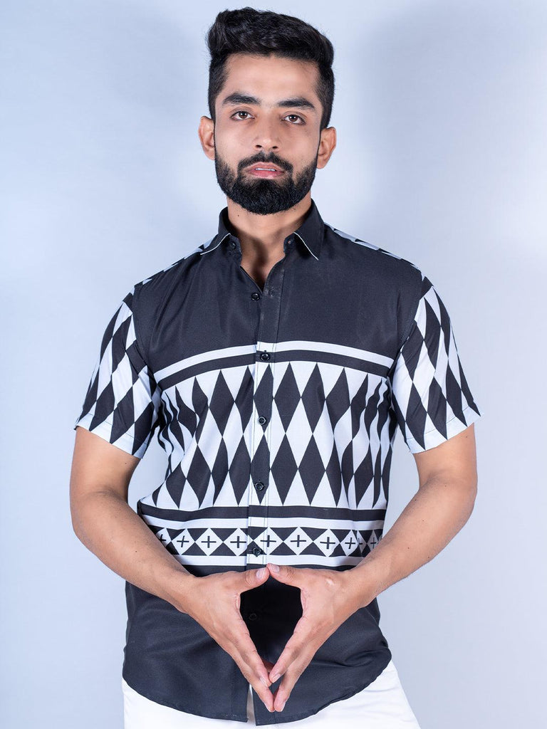 Black & White Aztec Printed Half Sleeves Crepe Shirt - Tistabene