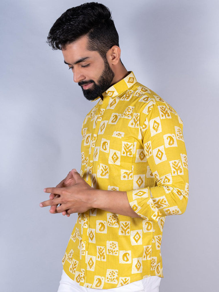 Yellow Paisley Printed Full Sleeves Cotton Shirt - Tistabene