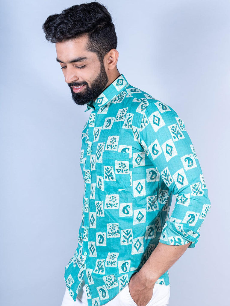 Teal Blue Paisley Printed Full Sleeves Cotton Shirt - Tistabene