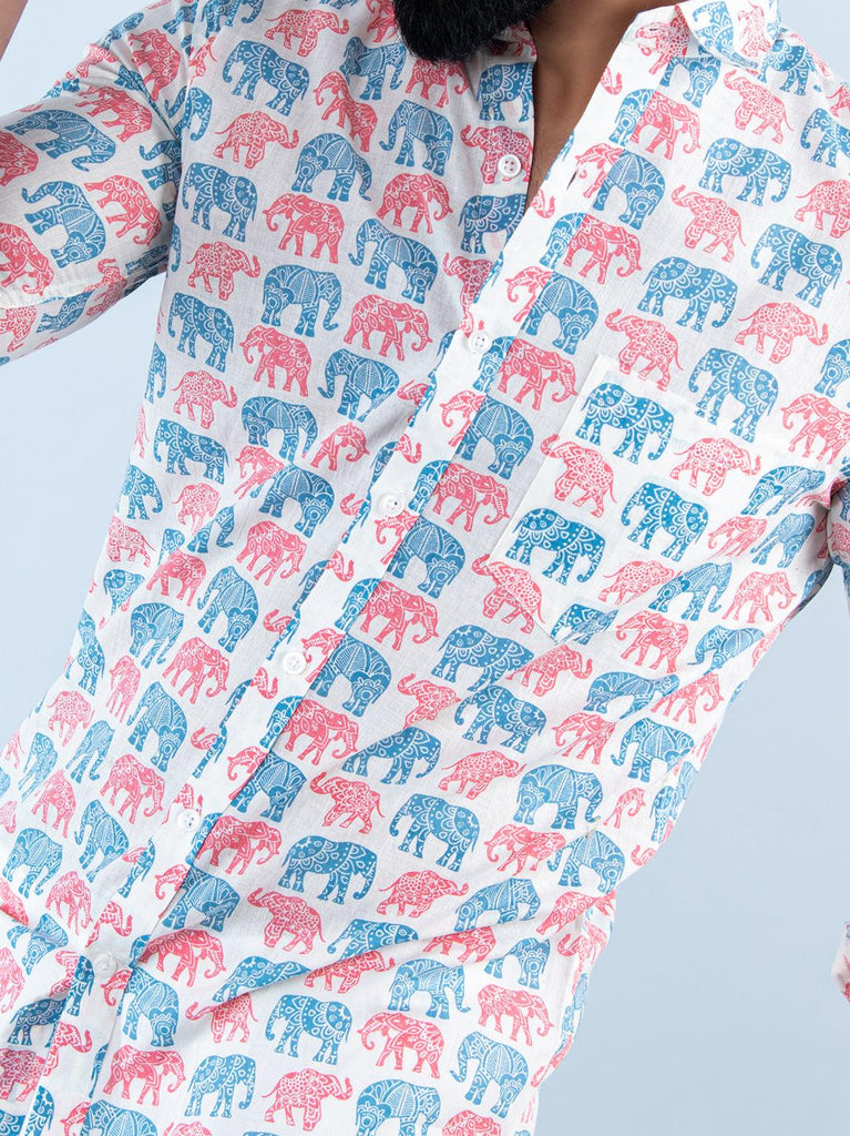 Off White Elephant Printed Full Sleeves Cotton Shirt - Tistabene
