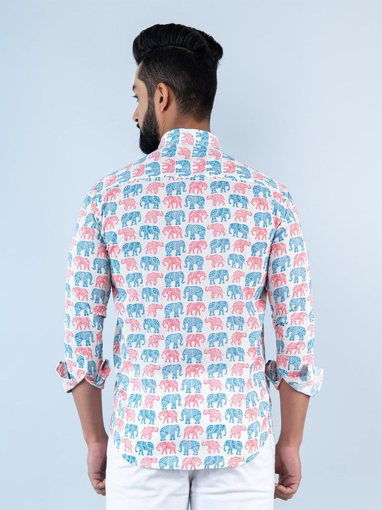 Off White Elephant Printed Full Sleeves Cotton Shirt - Tistabene