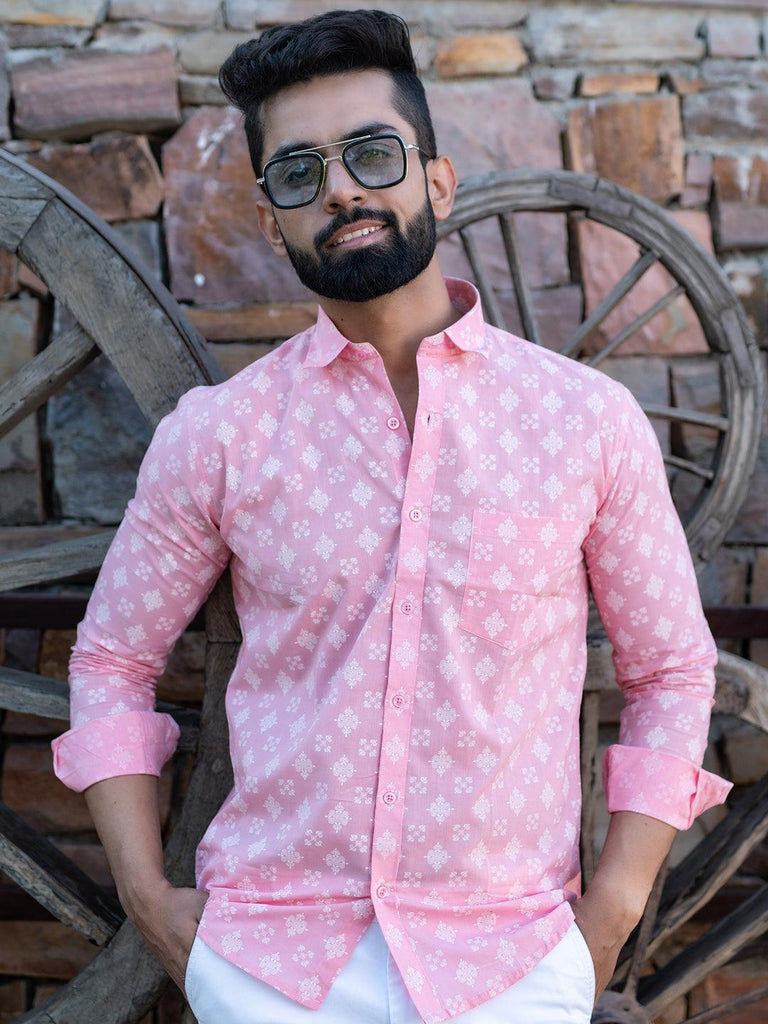 Pink Motifs Printed Full Sleeves Cotton Shirt - Tistabene