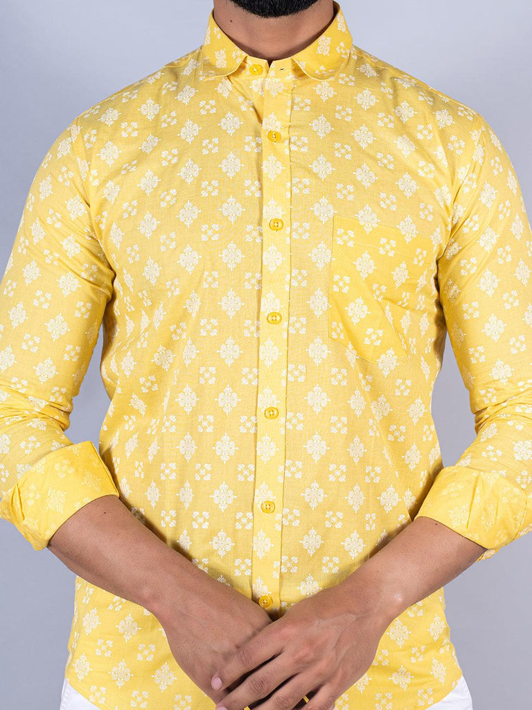 Yellow Motifs Printed Full Sleeves Cotton Shirt - Tistabene