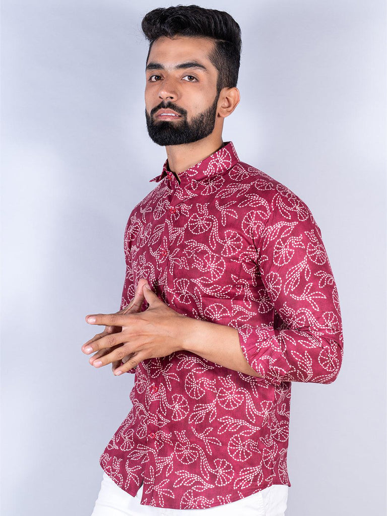 Maroon Floral Printed Full Sleeves Cotton Shirt - Tistabene