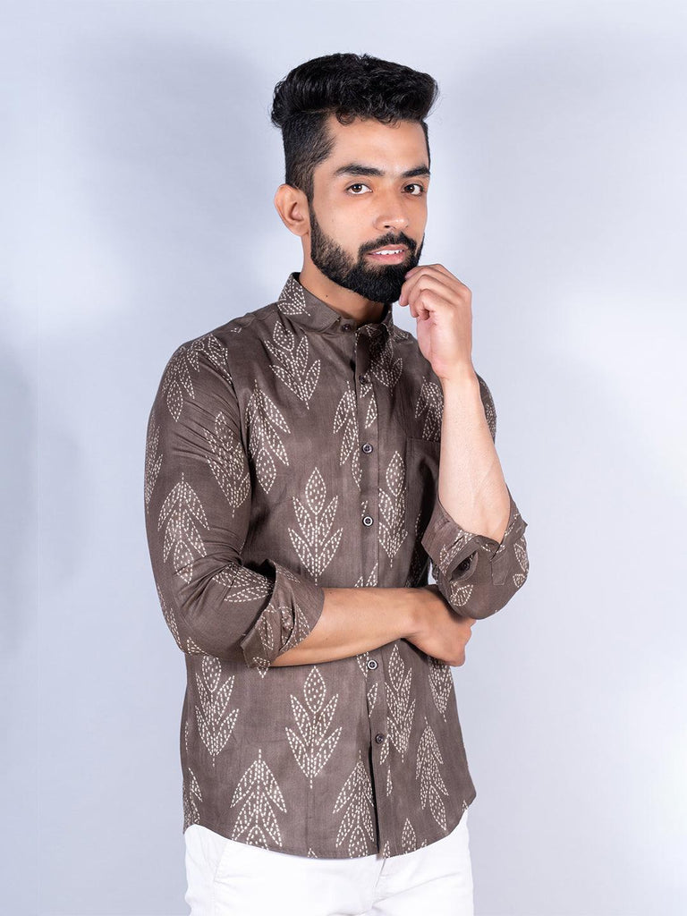 Brown Floral Printed Full Sleeves Cotton Shirt - Tistabene