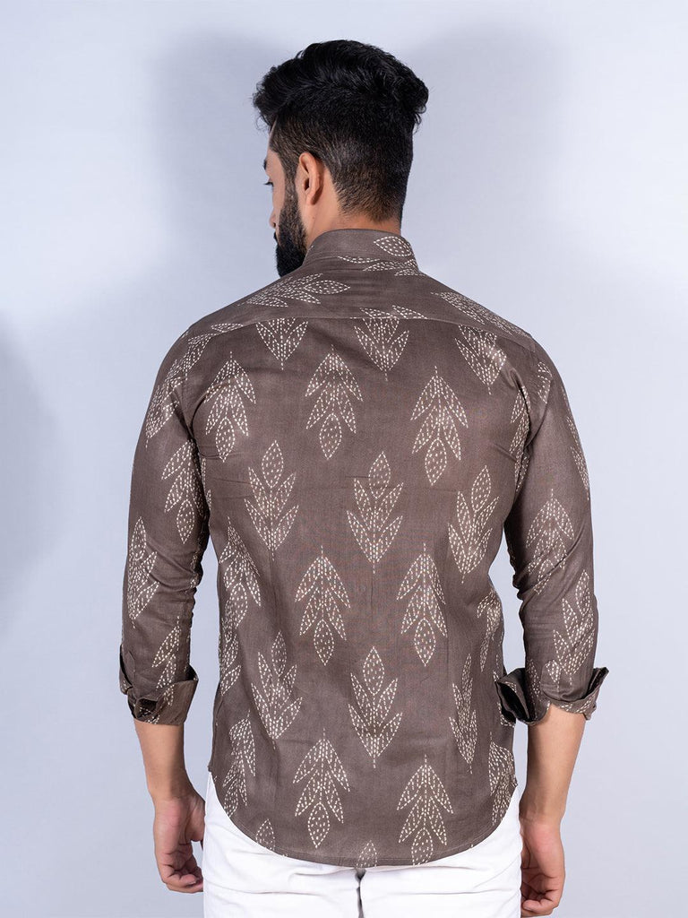 Brown Floral Printed Full Sleeves Cotton Shirt - Tistabene