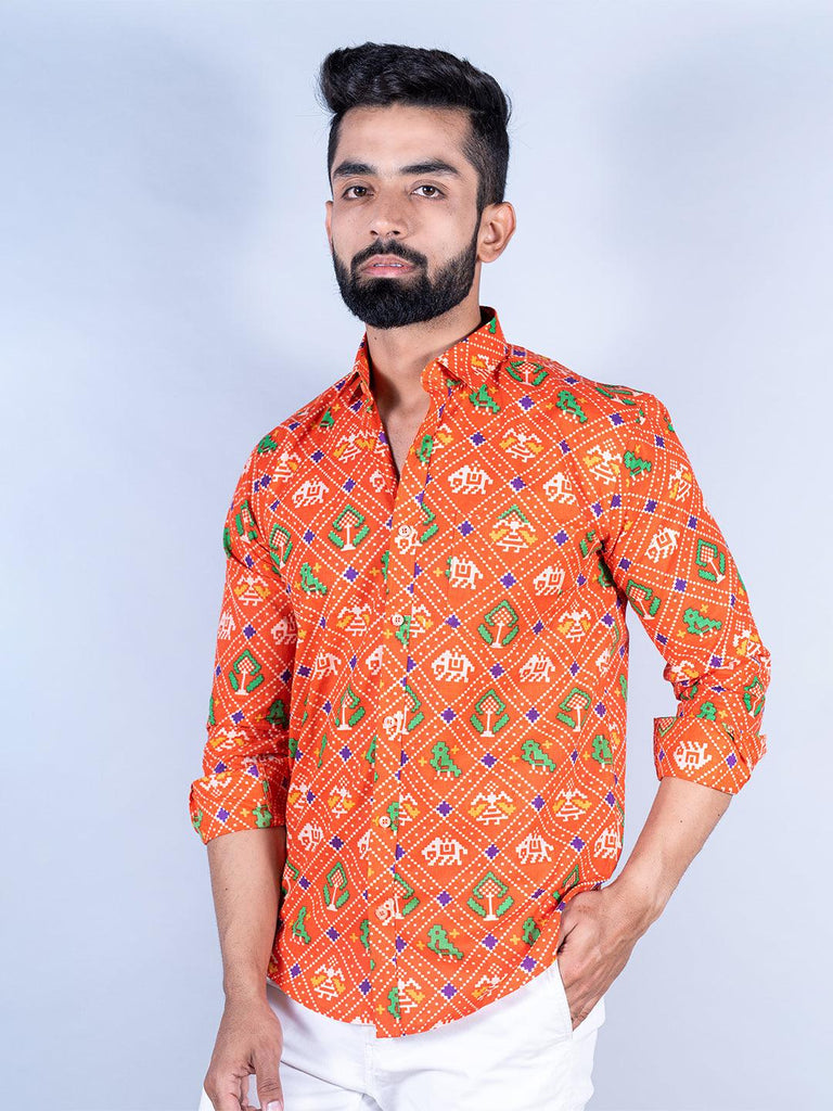 Orange Patola Printed Full Sleeves Cotton Shirt - Tistabene