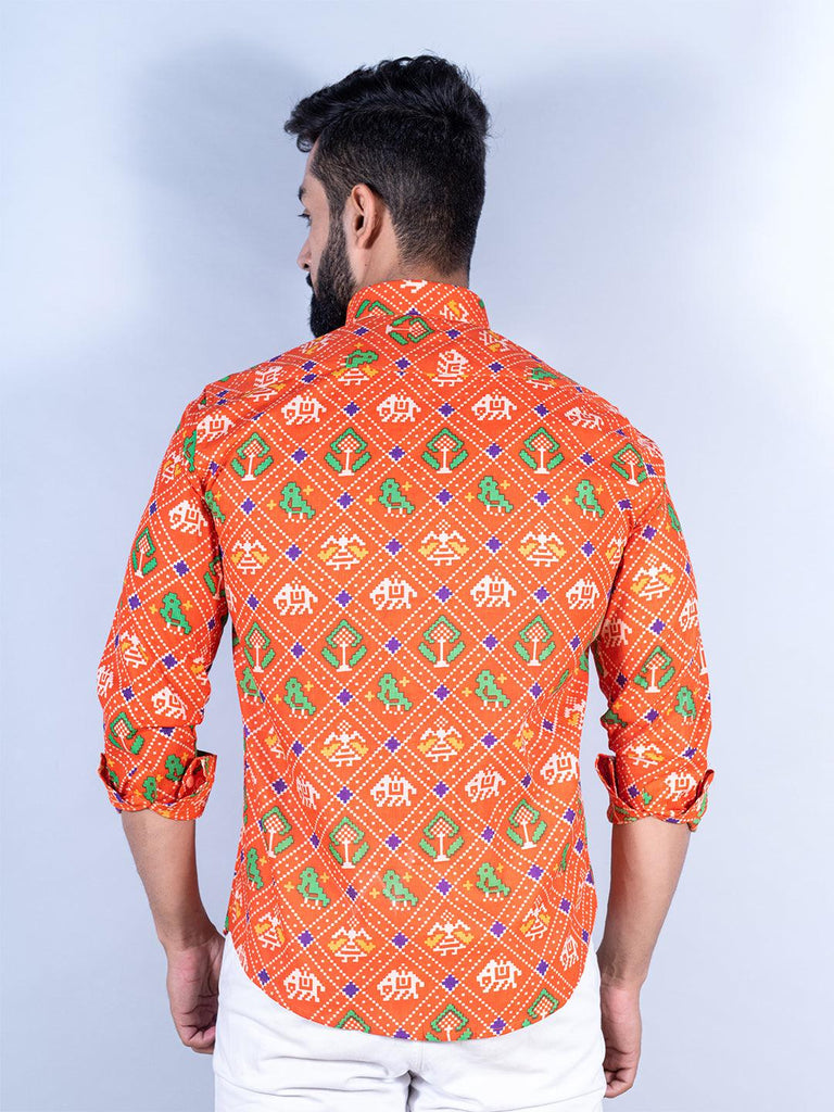 Orange Patola Printed Full Sleeves Cotton Shirt - Tistabene