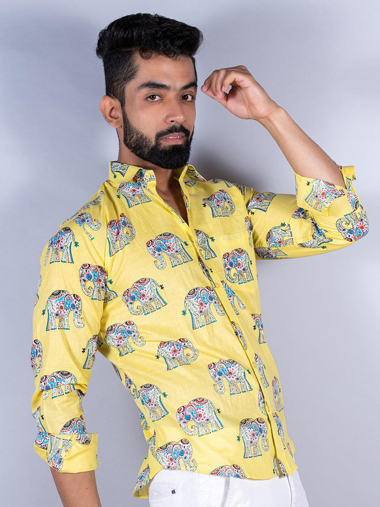 Yellow Elephant Printed Full Sleeves Cotton Shirt - Tistabene