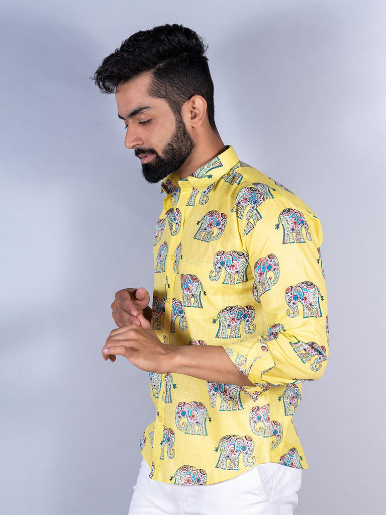Yellow Elephant Printed Full Sleeves Cotton Shirt - Tistabene