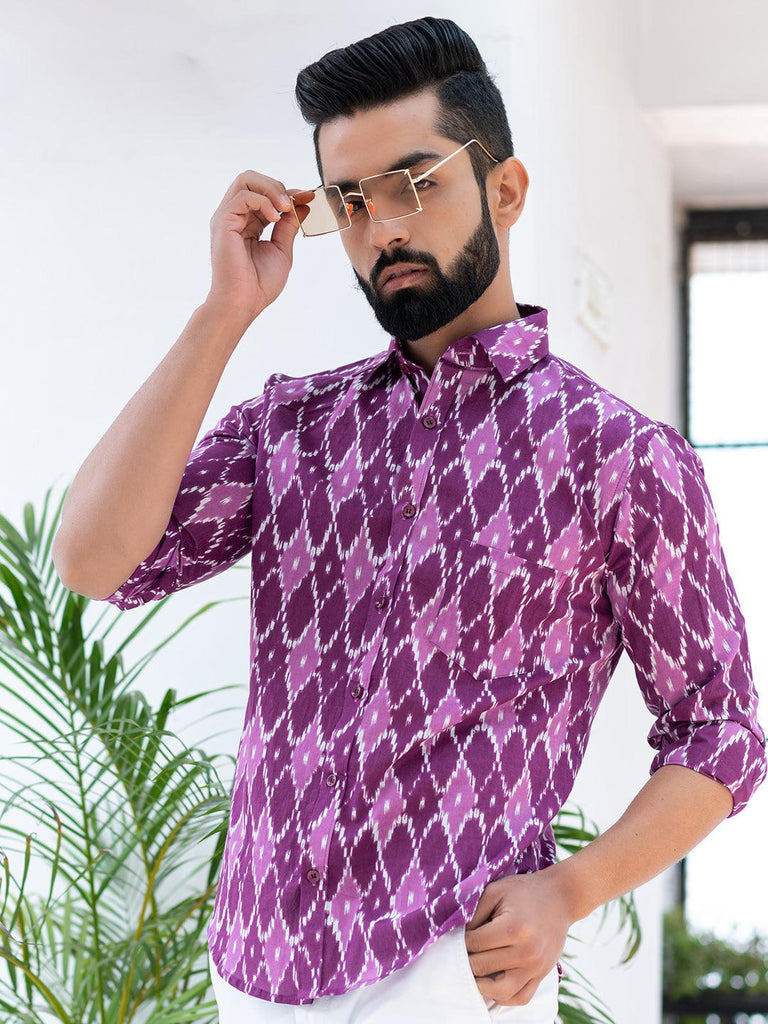 Purple Ikat Printed Full Sleeves Cotton Shirt - Tistabene