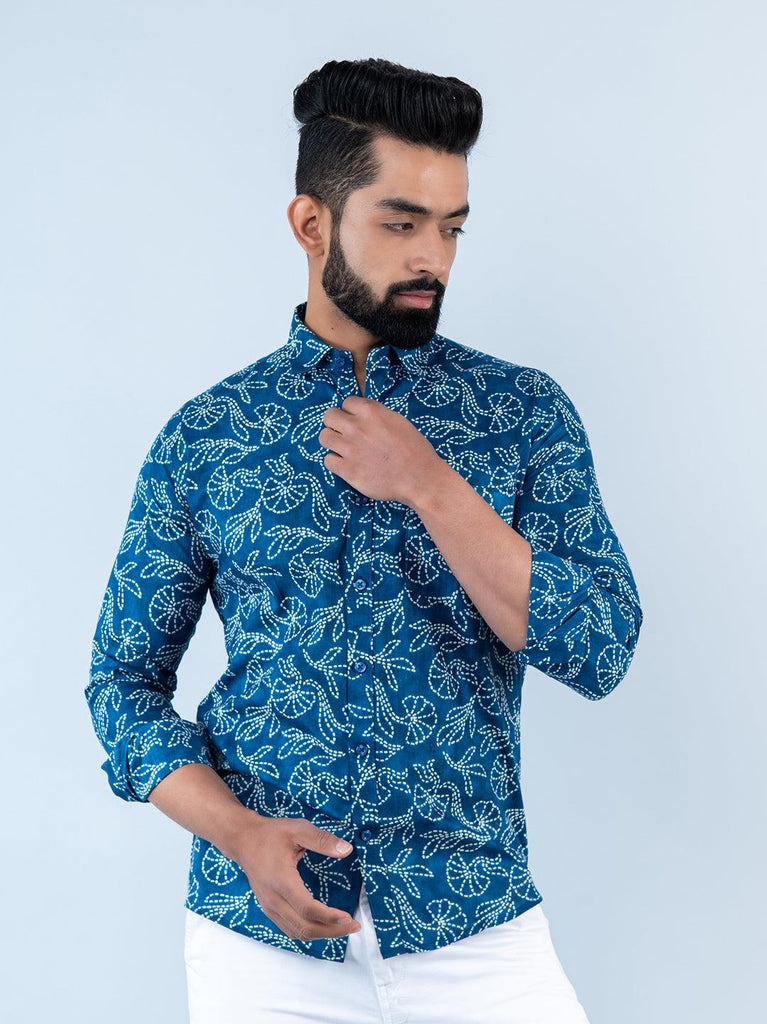 Blue Floral Printed Full Sleeves Cotton Shirt - Tistabene