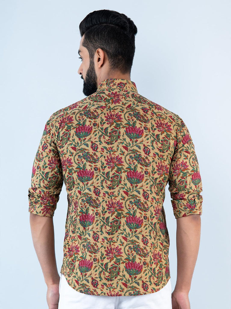 Beige Floral Printed Full Sleeves Cotton Shirt - Tistabene