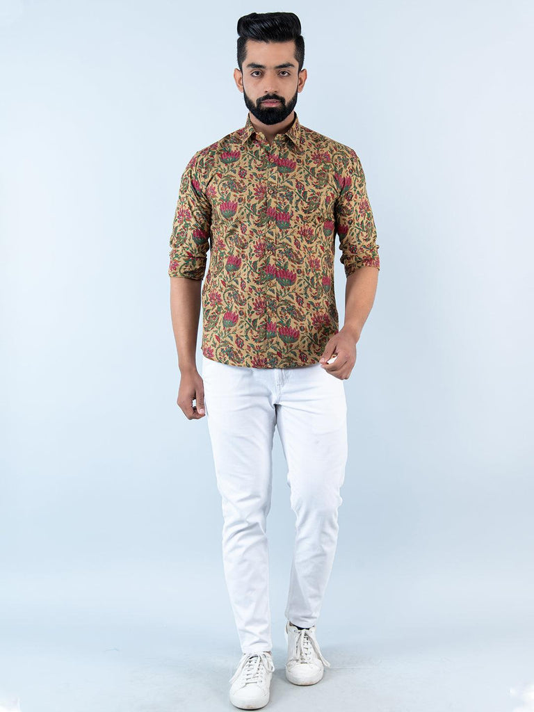 Beige Floral Printed Full Sleeves Cotton Shirt - Tistabene