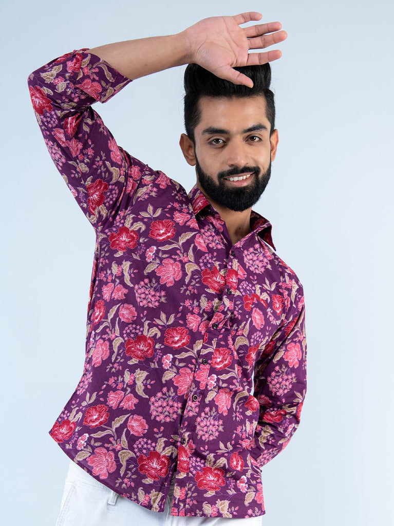 Purple Floral Printed Full Sleeves Cotton Shirt - Tistabene