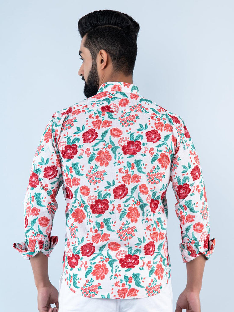 White Floral Printed Full Sleeves Cotton Shirt - Tistabene