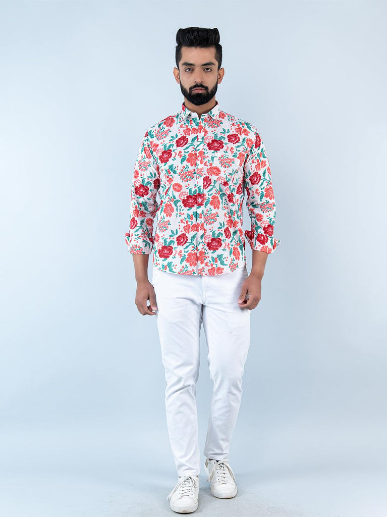 White Floral Printed Full Sleeves Cotton Shirt - Tistabene