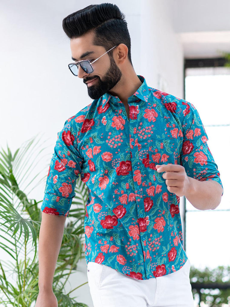 Teal Blue Floral Printed Full Sleeves Cotton Shirt - Tistabene