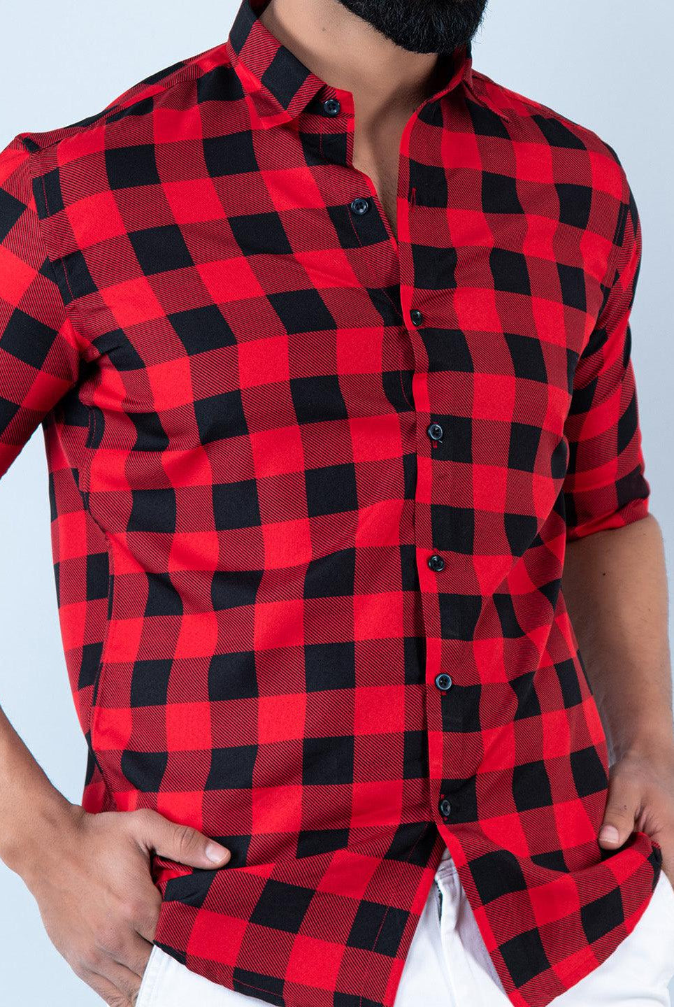 Red Checks Full Sleeves Crepe Shirt - Tistabene