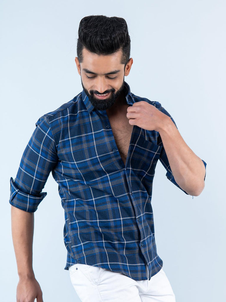Blue Checks Full Sleeves Flannel Cotton Shirt - Tistabene