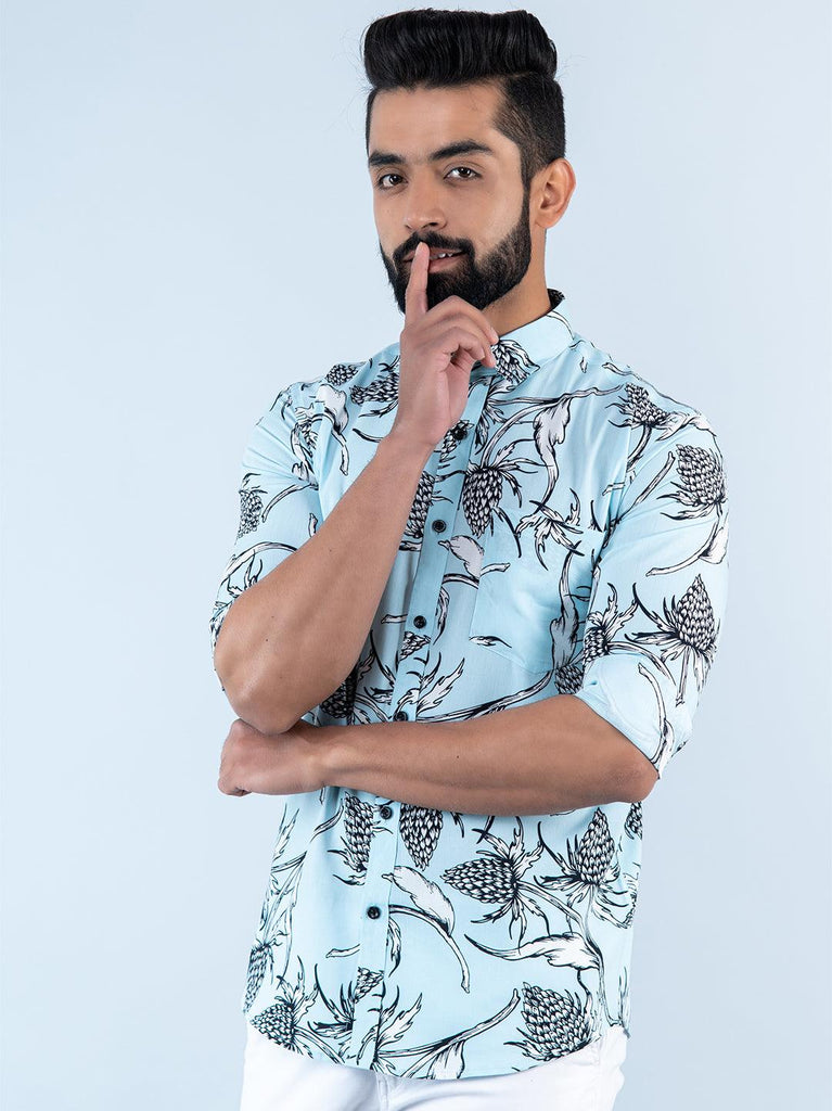 Light Blue Floral Printed Full Sleeves cotton Shirt - Tistabene